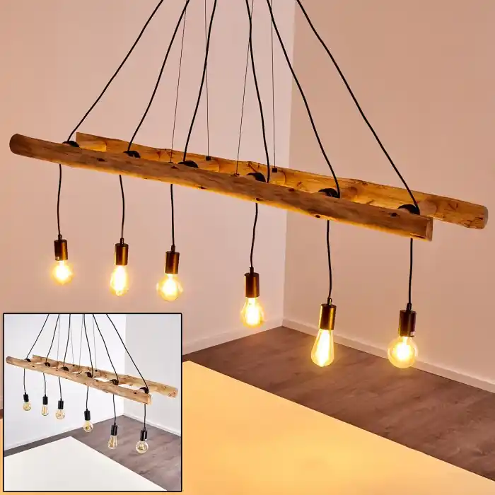 Yaak Lámpara Colgante Madera clara, Negro, 6 luces Precio De Oferta