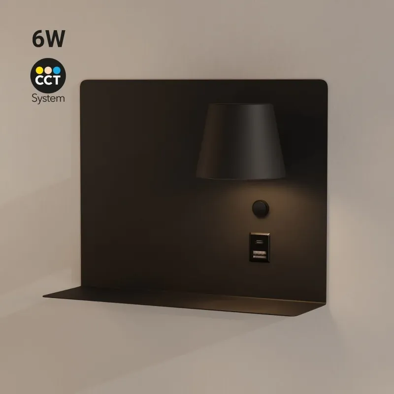 Alta Calidad Aplique de pared para lectura "BASKOP" - 6W - CCT - Puerto USB + USB-C