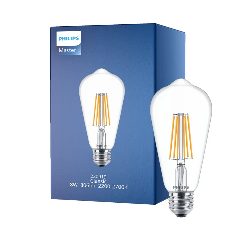 Popular Philips Classic LED Bulb E27 Edison con Filamento Clara 8W 806lm - 822-827 Dim to Warm | Regulable - Reemplazo 60W