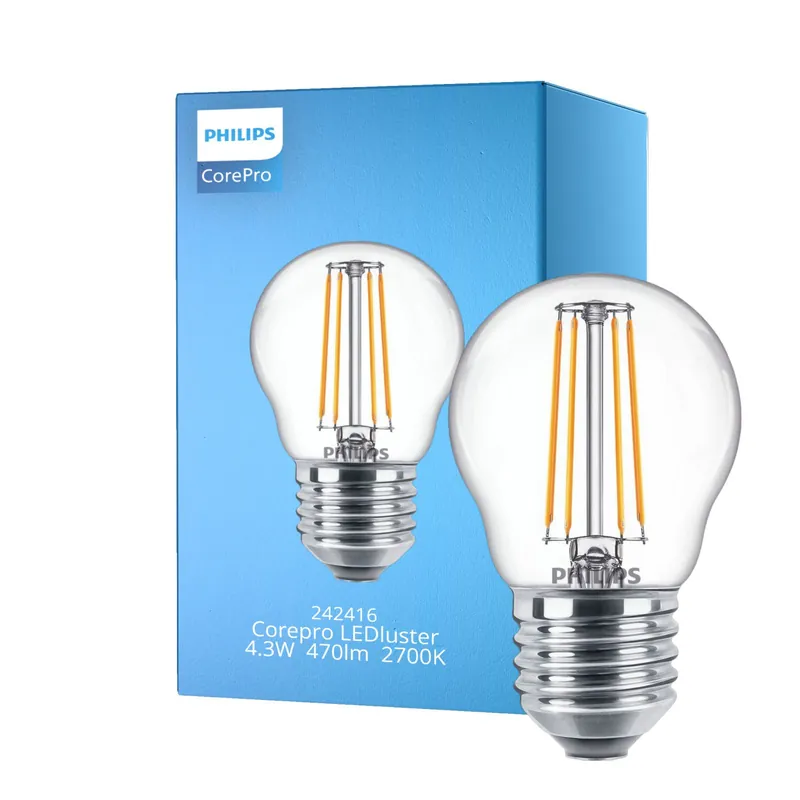Últimas Unidades Philips Corepro LED Lustre E27 Esférica con Filamento Clara 4.3W 470lm - 827 Luz muy Cálida | Reemplazo 40W