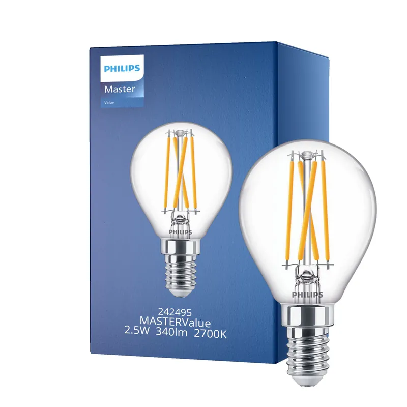Philips Master Value LED Lustre E14 Esférica Con Filamento Clara 1.8W 340lm - 922-927 Dim To Warm | Mejor Reproducción De Color - Regulable - Reemplazo 25W Económico