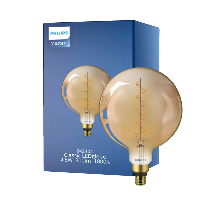 Philips Classic LED Globe E27 200mm con Filamento Oro 4.5W 300lm - 818 Luz muy Cálida | Reemplazo 40W A Buen Precio