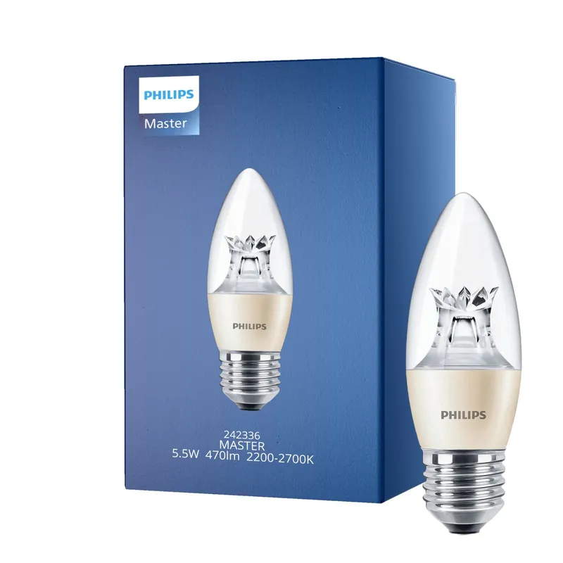 Compra Hoy Philips MASTER LED Vela E27 Corona Clara 5.5W 470lm - 822-827 Dim To Warm | Regulable - Reemplazo 40W