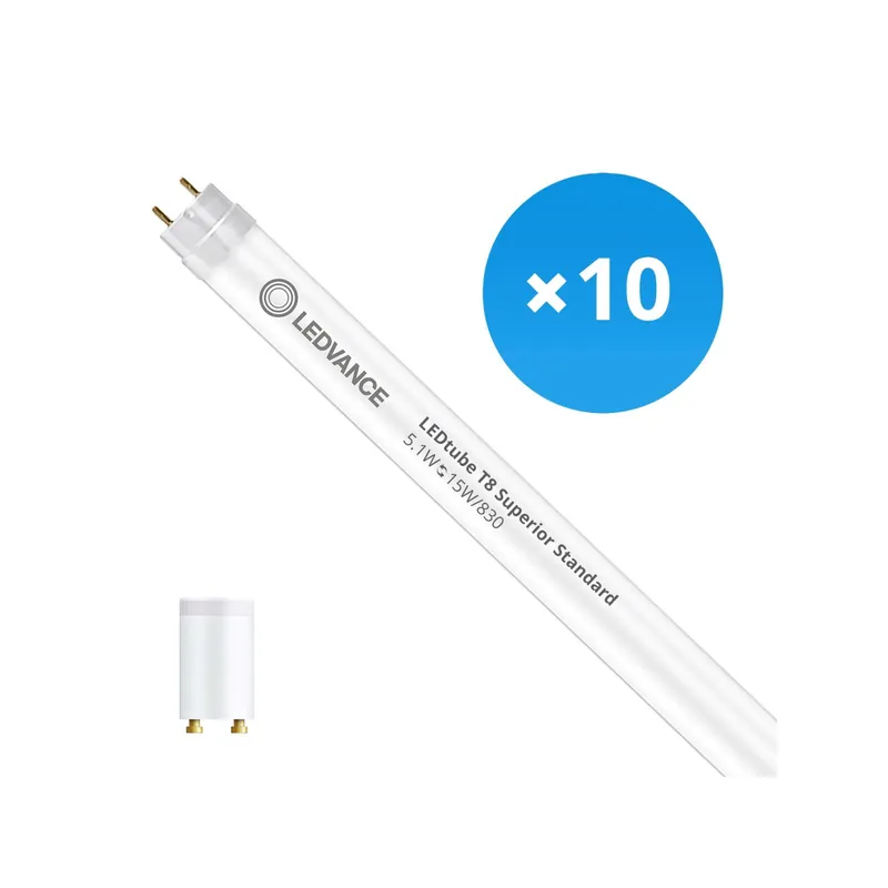 Liquidación Multipack 10x Ledvance Tubo LED T8 Superior (EM/Mains) Standard Output 5.1W 810lm - 830 Luz Cálida | 44cm - Reemplazo 15W