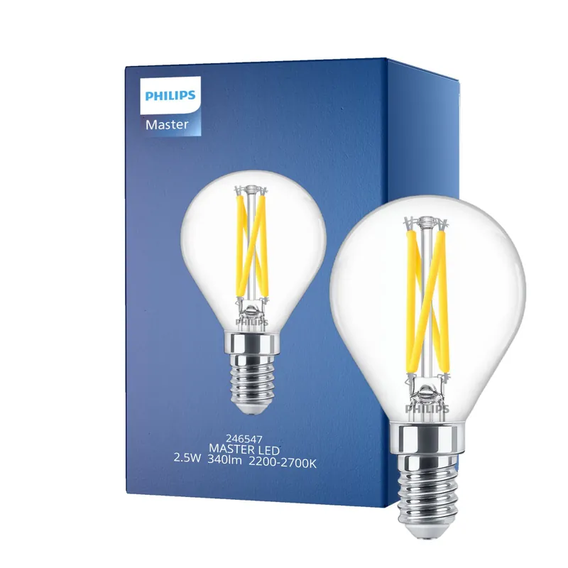 Philips MASTER LED E14 Esférica Con Filamento Clara 2.5W 340lm - 922-927 Dim To Warm | Mejor Reproducción De Color - Regulable - Reemplazo 25W Certificado