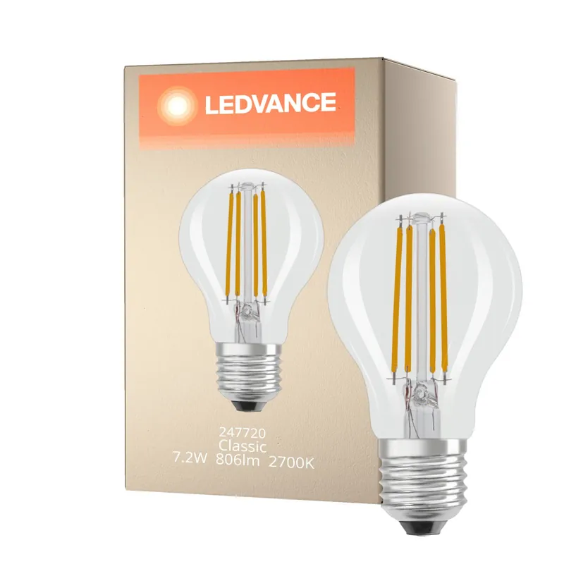 Ledvance Classic LED E27 Pera con Filamento Clara 7.2W 806lm - 927 Luz muy Cálida | Mejor reproducción de color - Regulable - Reemplazo 60W Precio Económico