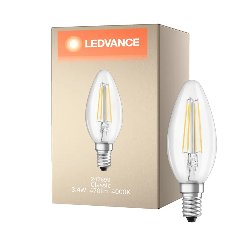 Ledvance Classic LED E14 Vela con Filamento Clara 3.4W 470lm - 940 Cool white | Mejor reproducción de color - Regulable - Reemplazo 40W Precio Económico