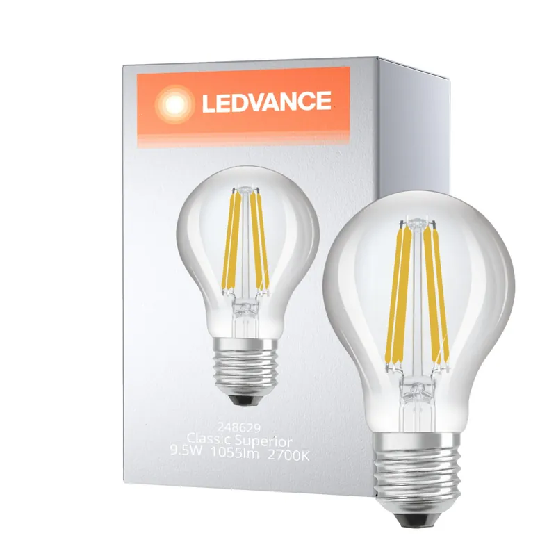 Envío Exprés Ledvance Classic Superior LED Bulbo E27 Pera con Filamento Clara 9.5W 1055lm - 927 Luz muy Cálida | Mejor reproducción de color - Regulable - Reemplazo 75W