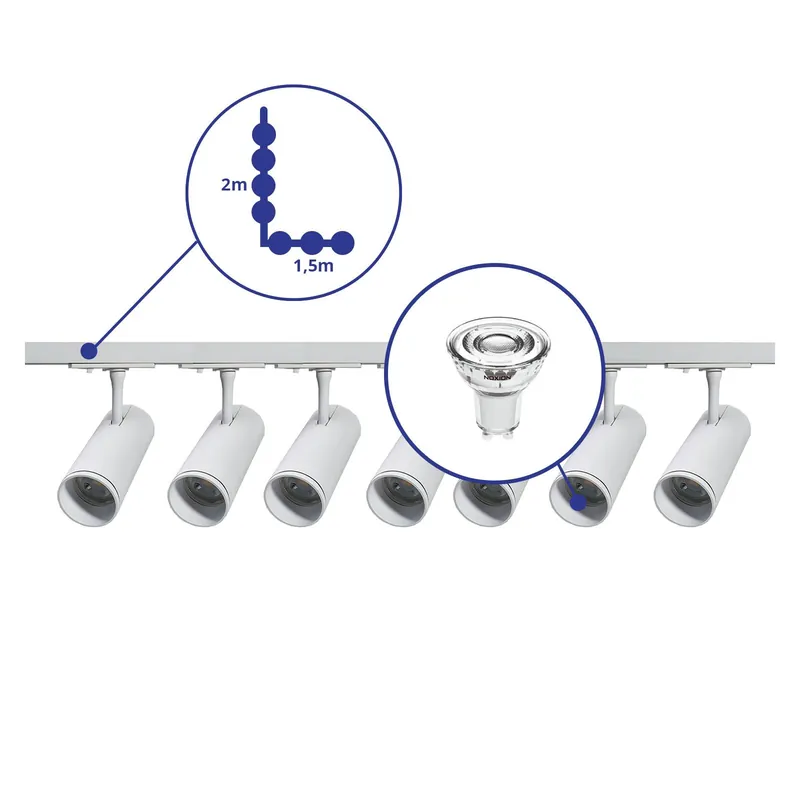 Ordenar Ahora Mismo Bright Choice Set completo 1-Fase Rail L 1,5 x 2 Metro Blanco | incl. 7x Foco + GU10 2700K 3W Regulable + Tapa Final, Conector de Alimentación y L -Conector