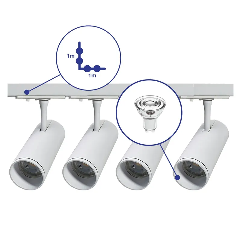 Bright Choice Set completo 1-Fase Rail L 1 x 1 Metro Blanco | incl. 4x Foco + GU10 2700K 3W Regulable + Tapa Final, Conector de Alimentación y L -Conector Promoción Exclusiva