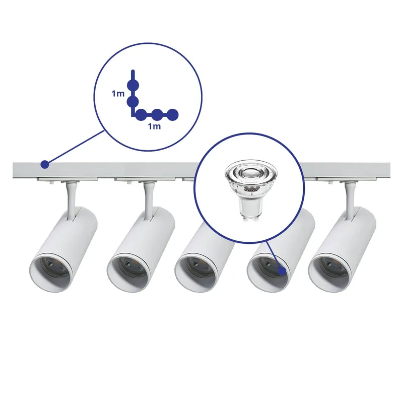 Bright Choice Set completo 1-Fase Rail L 1 x 1 Metro Blanco | incl. 5x Foco + GU10 2700K 3W Regulable + 1 x 1 Metro Tapa Final, Conector de Alimentación y L -Conector Promoción