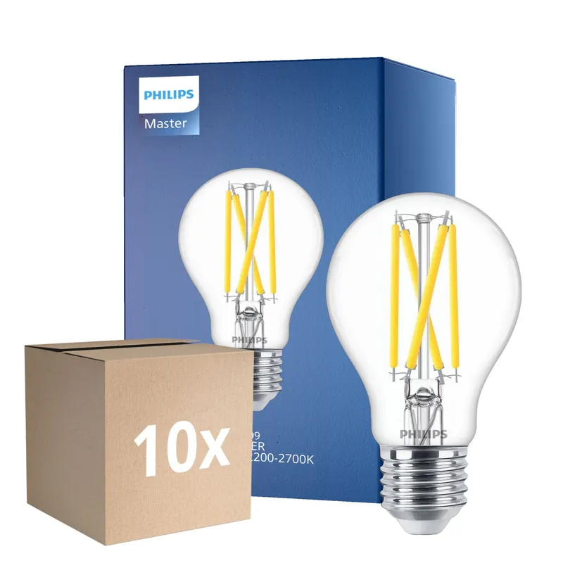 Multipack 10x Philips Master LED E27 Pera Con Filamento Clara 5.9W 806lm - 922-927 Dim To Warm | Mejor Reproducción De Color - Regulable - Reemplazo 60W Devolución Gratuita